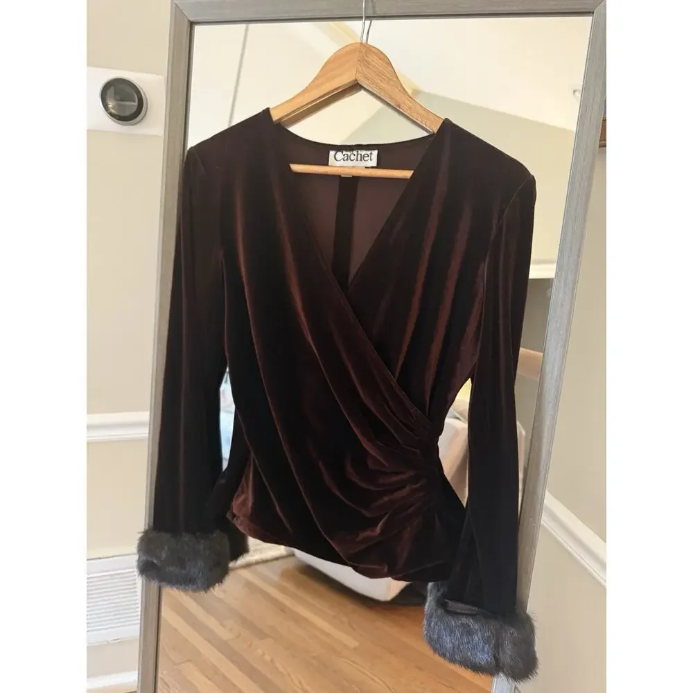 Cachet Velvet Wear Faux Wrap Top Brown Size 8